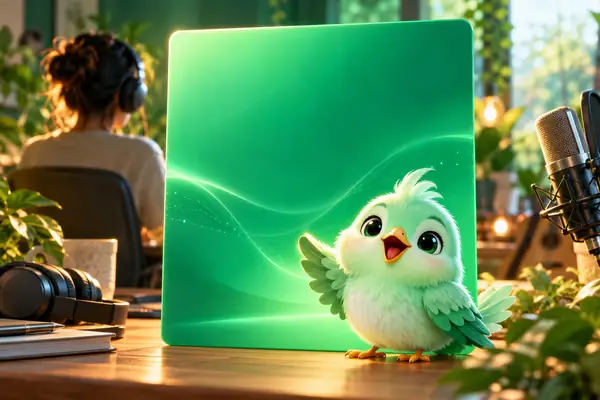 Une mascotte originale représentant un oiseau vert menthe, apparaissant dans le coin inférieur d’une carte produit vert émeraude vif, dans une illustration ludique et soignée.