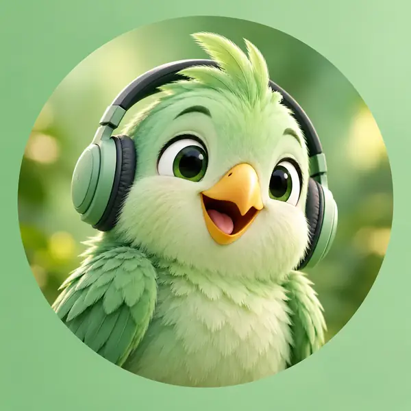 Une sympathique mascotte originale représentant un oiseau vert menthe portant un casque audio, présentée dans un portrait circulaire simple sur un fond vert doux.