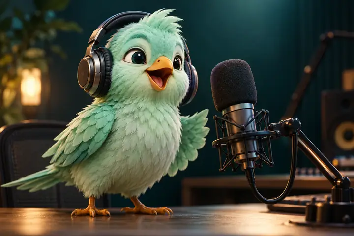 Une sympathique mascotte originale représentant un oiseau vert menthe portant un casque audio à côté d’un microphone de studio, doucement éclairée sur un fond bleu sarcelle foncé.