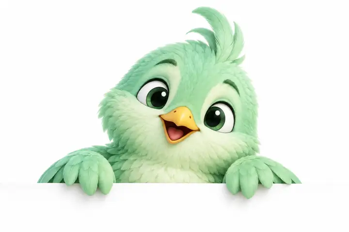 Une mascotte originale représentant un oiseau vert menthe qui passe la tête par-dessus un rebord, dans une illustration éditoriale minimaliste et chaleureuse sur fond blanc.