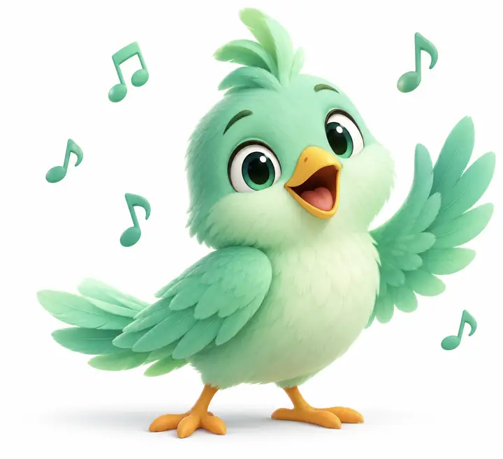 Une sympathique mascotte originale en forme d’oiseau vert menthe, faisant signe parmi de petites notes de musique flottantes sur fond blanc, dans une illustration de produit épurée et joyeuse.